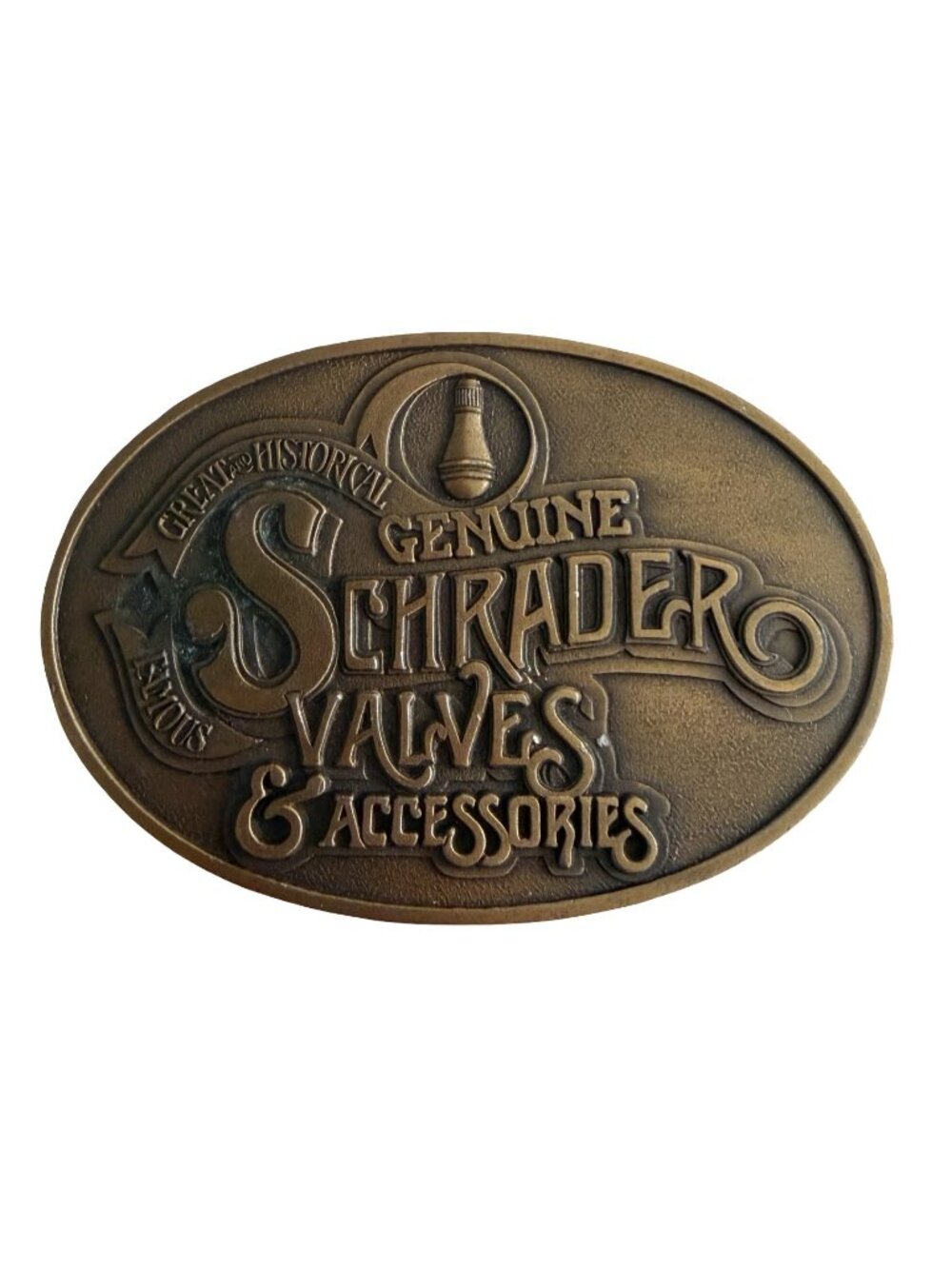 Vintage Schrader Valves & Accessories Belt Buckle 1977 Brass Tone Automotive